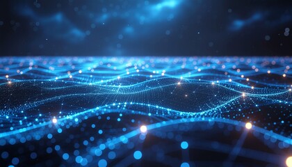 Abstract digital data flow visualization with glowing blue network connections