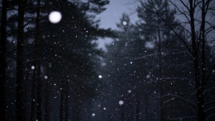 Naklejka premium Snow falling in a dark forest at night with tall trees and a mystical atmosphere.