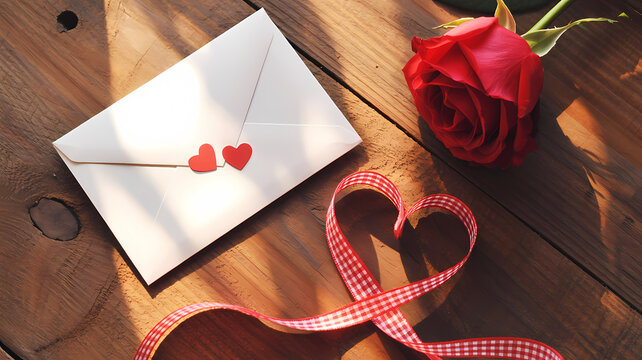 romantic valentine&rsquo;s day letter envelope with red rose and heart ribbon on wooden table