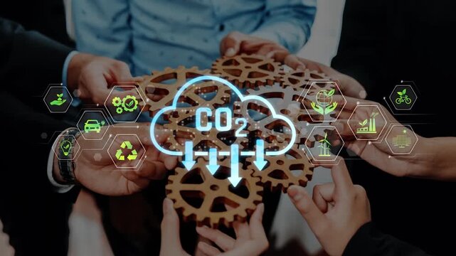 A group of diverse hands collaboratively holds gears representing innovation in carbon reduction and sustainability efforts, highlighting teamwork in environmental solutions. Raster
