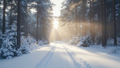Obraz premium Snow covered forest road bathed in bright morning sunbeams during winter