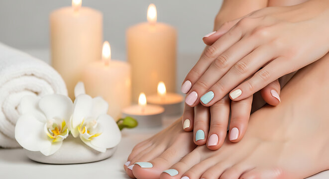 Serene beauty treatment hands and feet enjoying a rejuvenating spa manicure pedicure ritual