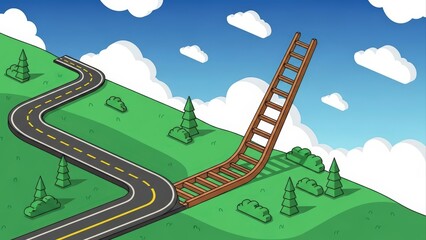 Road and railroad diverging on a green hill under a blue sky.