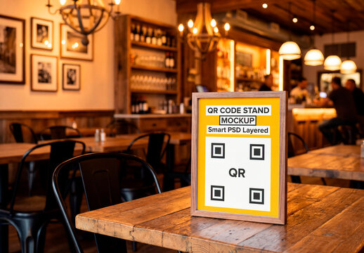 QR Code Stand Mockup in Cafe