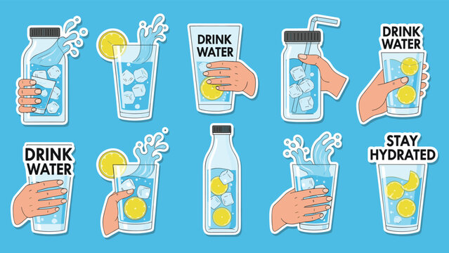 A collection of colorful stickers promoting hydration with phrases like 'Drink Water' and 'Stay Hydrated' with glasses of water.