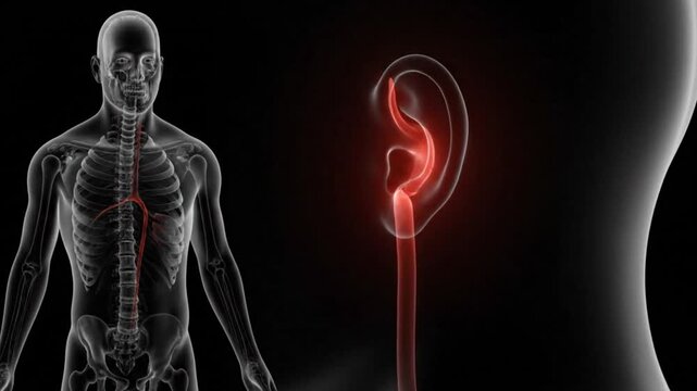 4K medical animation showing human cardiovascular system with highlighted aorta and carotid artery in transparent body view alongside closeup of arterial blood flow
