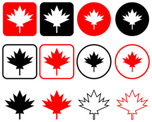 Maple leaf icon set. Canada flag sign. Black and Red maple leaves vector illustration.