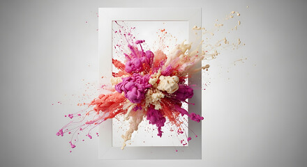 Colorful explosion of powder in a white frame isolated on white background, creating a vibrant and dynamic composition with shades of pink, orange, and beige, perfect for artistic and creative project
