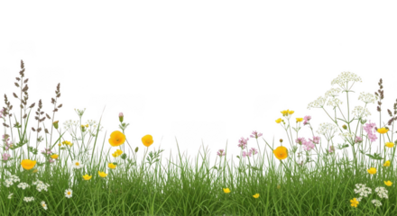 A vibrant and colorful field of wildflowers isolated on transparent background with lush green grass
