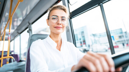Professional woman driver smiling at camera, operating a bus on daily route, representing essential service and career