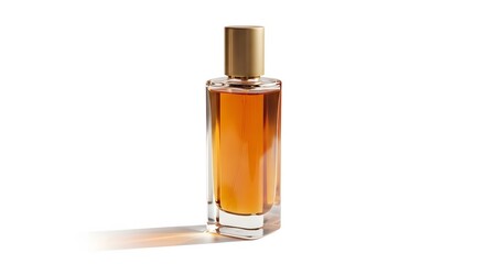 Fototapeta premium Elegant perfume bottle isolated on white background, showcasing a golden hue