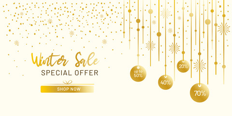 Golden winter sale banner with elegant sparkles, hanging ornaments and festive accents. For holiday promotions, seasonal discounts, marketing materials, digital ads and stylish retail campaign visuals