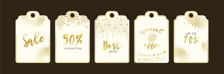 Elegant gold holiday sale tags with festive sparkles and luxury accents. Ideal for seasonal promotions, marketing designs, stylish retail events, exclusive offers, branding visuals and modern discount