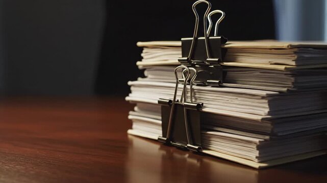 A tidy desk hosts a tall stack of papers bound with clips on a polished wooden surface. under light