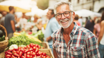 Happy mature man with a beard and glasses smiling while shopping for fresh vegetables at a vibrant farmers market