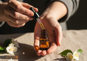 Hands using dropper with jasmine essential oil 