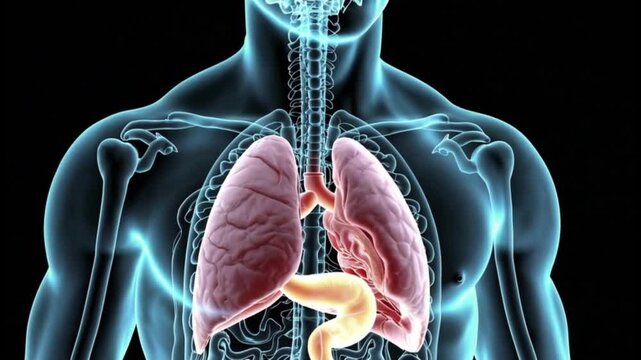 Lungs,Respiratory,System Detailed human body anatomy showing internal organs and lung function for medical education and health research
