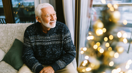 Senior man sitting on a sofa, looking happily through a window at abstract golden bokeh lights from a decorated Christmas tree