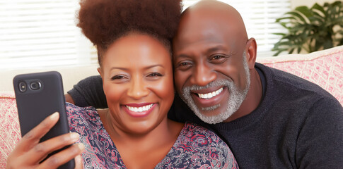 African American mature couple sharing a loving moment, embracing and capturing a cheerful selfie, reflecting connection and joy