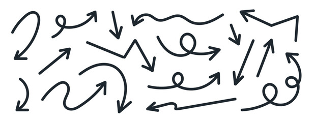 Hand drawn arrow set illustration, abstract direction and movement symbols navigation, flow, process and guidance concept isolated on white background flat vector illustration.