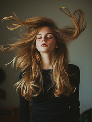 A young woman with flowing golden hair caught in graceful mid-air motion, eyes closed in calm focus, symbolizing inner balance and emotional freedom.