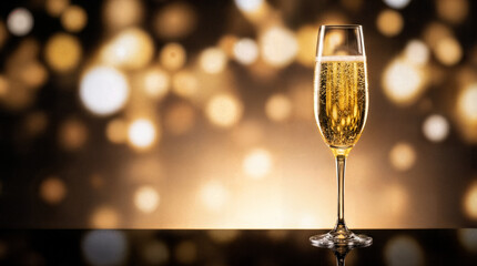 Elegant champagne flute filled with sparkling wine against a warm golden bokeh background, perfect for celebrations, New Year&rsquo;s Eve, luxury events, and festive themes