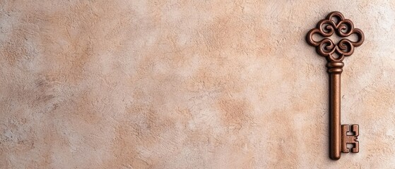 Decorative key resting on textured wall showcasing intricate design, perfect for home decor inspiration or artistic projects
