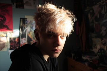 Obraz premium Teen Boy with DIY Bleached Punk-Inspired Hair Expressing Identity in Raw Candid Portrait