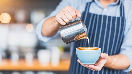 Barista's hands expertly creating latte art in a blue cup, pouring frothed milk from a metallic pitcher in a coffee shop