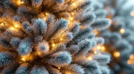 Frosted fir tree branches sparkling with warm golden fairy lights for winter holiday concept and cozy Christmas background