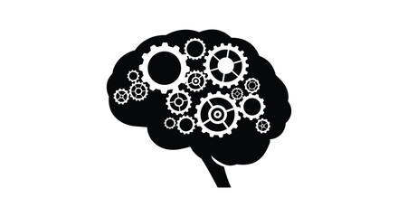 A conceptual depiction of a human brain filled with intricate gears and cogs silhouette