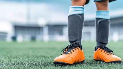 Fototapeta premium Young child's feet wearing orange soccer cleats and shin guards, standing on an artificial pitch, preparing for a match