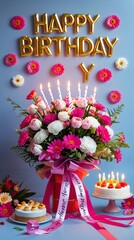 Elegant Happy Birthday Celebration with Floral Bouquet, Pink Ribbon, Lit Candles Cake and Golden Happy Birthday Balloons on Clean Background