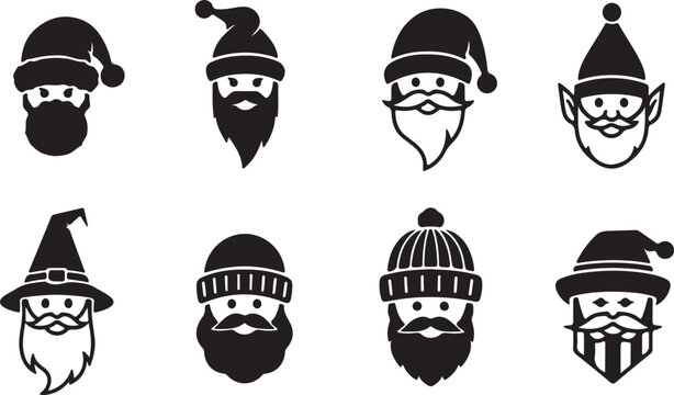 Eight different black and white illustrations of bearded men in various hats