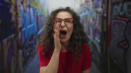Obraz premium Woman wearing red shirt and glasses cupping hand to mouth shouting in narrow graffiti street alley; urgency.