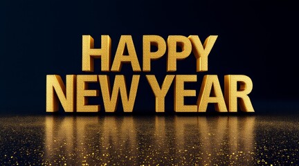 Golden "Happy New Year" 3D text glowing and reflecting on a dark, glittery surface for celebration concept and festive holiday greeting