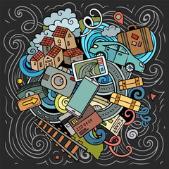 Obraz premium Vector Journey hand drawn cartoon doodle chalkboard illustration. Travel funny objects and elements design.