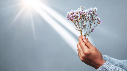 Hands holding delicate dried flowers receiving warm light, symbolizing hope, care, and peaceful beginnings