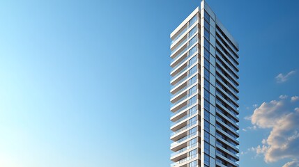 A tall, modern glass skyscraper rises high into the blue sky, dominating the city skyline as a symbol of corporate business and urban architecture