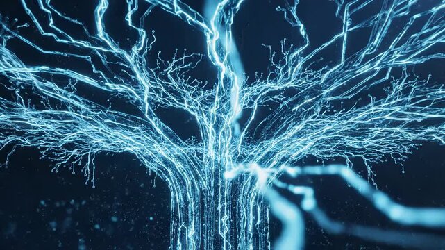 Abstract glowing blue circuit tree structure with lightning effect symbolizing digital connection and artificial intelligence