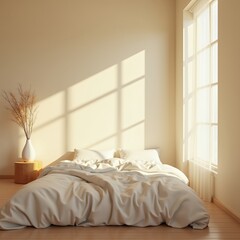 Fototapeta premium Minimalist bedroom design with sunlight creating shadows on the wall