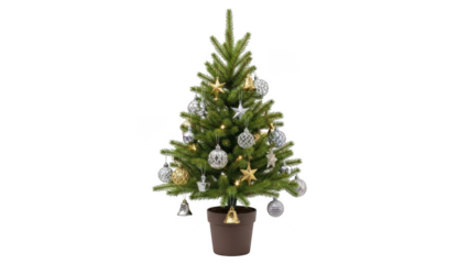 Small christmas tree in brown pot with ornaments isolated on transparent background