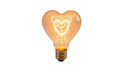 Heart shaped light bulb with glowing filament isolated on transparent background