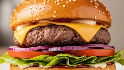 Juicy gourmet burger with fresh lettuce, tomato, onion, and melted cheese on a sesame seed bun