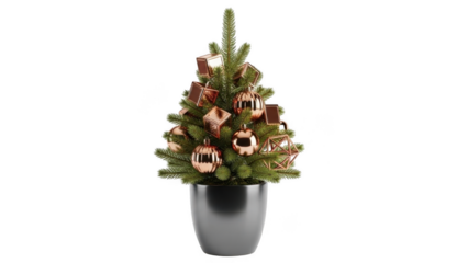 A small potted christmas tree decorated with gingerbread house ornaments isolated on transparent background