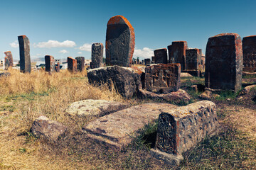 Noratus cemetery, the largest surviving cemetery in the world featuring ancient khachkars - carved memorial headstone bearing decorative religious crosses or life scenes. Noratus, Gegharkunik, Armenia