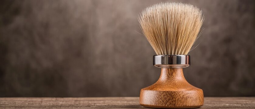 Traditional shaving brush made of wood and natural bristles on a wooden surface with a textured background in soft lighting - Powered by Adobe