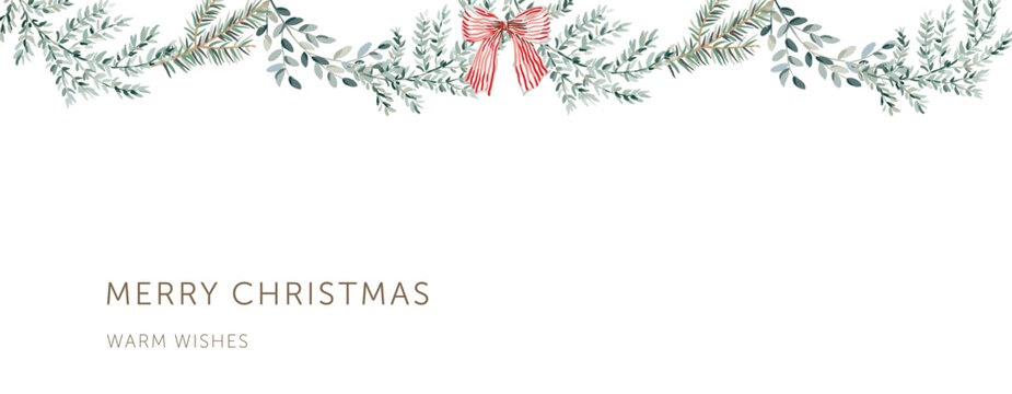 Fototapeta Christmas border, green fir twigs, red bow, text, white background. Nature design. Vector illustration. Greeting banner template. Winter xmas season