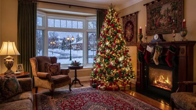 Cozy classic interior room, clam and Christmastime with warm fireplace and tree. Looped footage for background