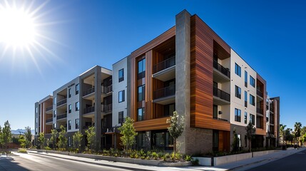 Modern residential urban apartment building exterior with blue sky and balcony